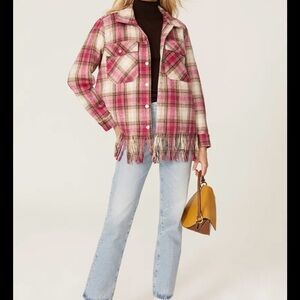 BlankNYC Woodstock Pink and Cream Fringe Plaid Flannel Shirt/Jacket XS